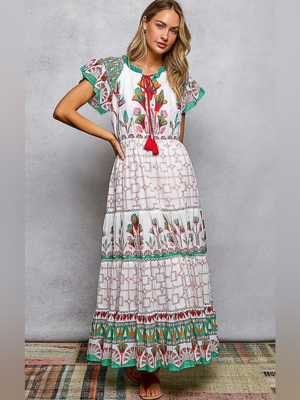 POL Hand Block Printed Cotton Tiered Midi Dress | Medium | Flutter Sleeve NWT